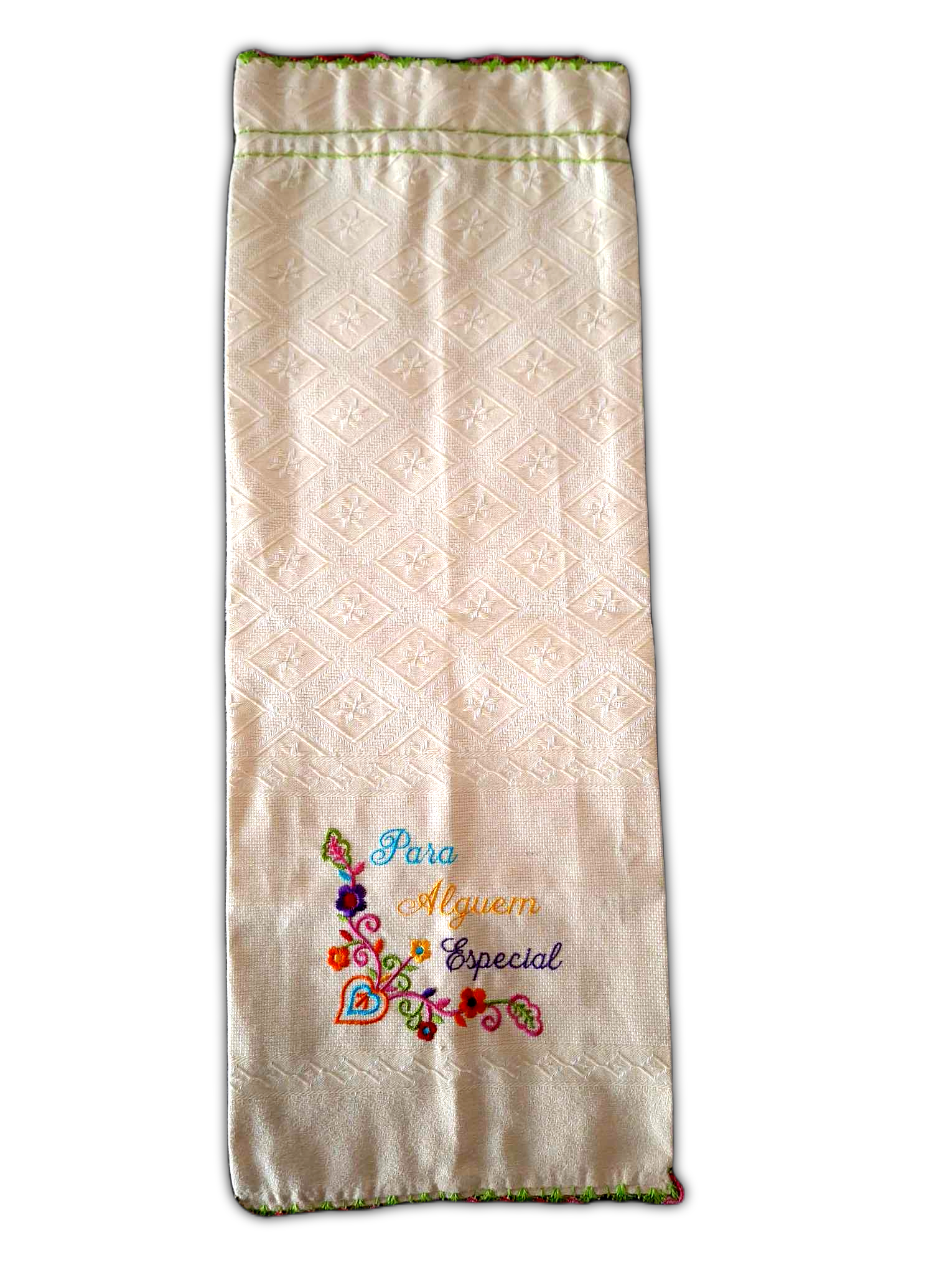 Saco do pão, com tecido bege 100% algodão, picô colorido a toda a volta e ainda um bonito bordado decorativo.