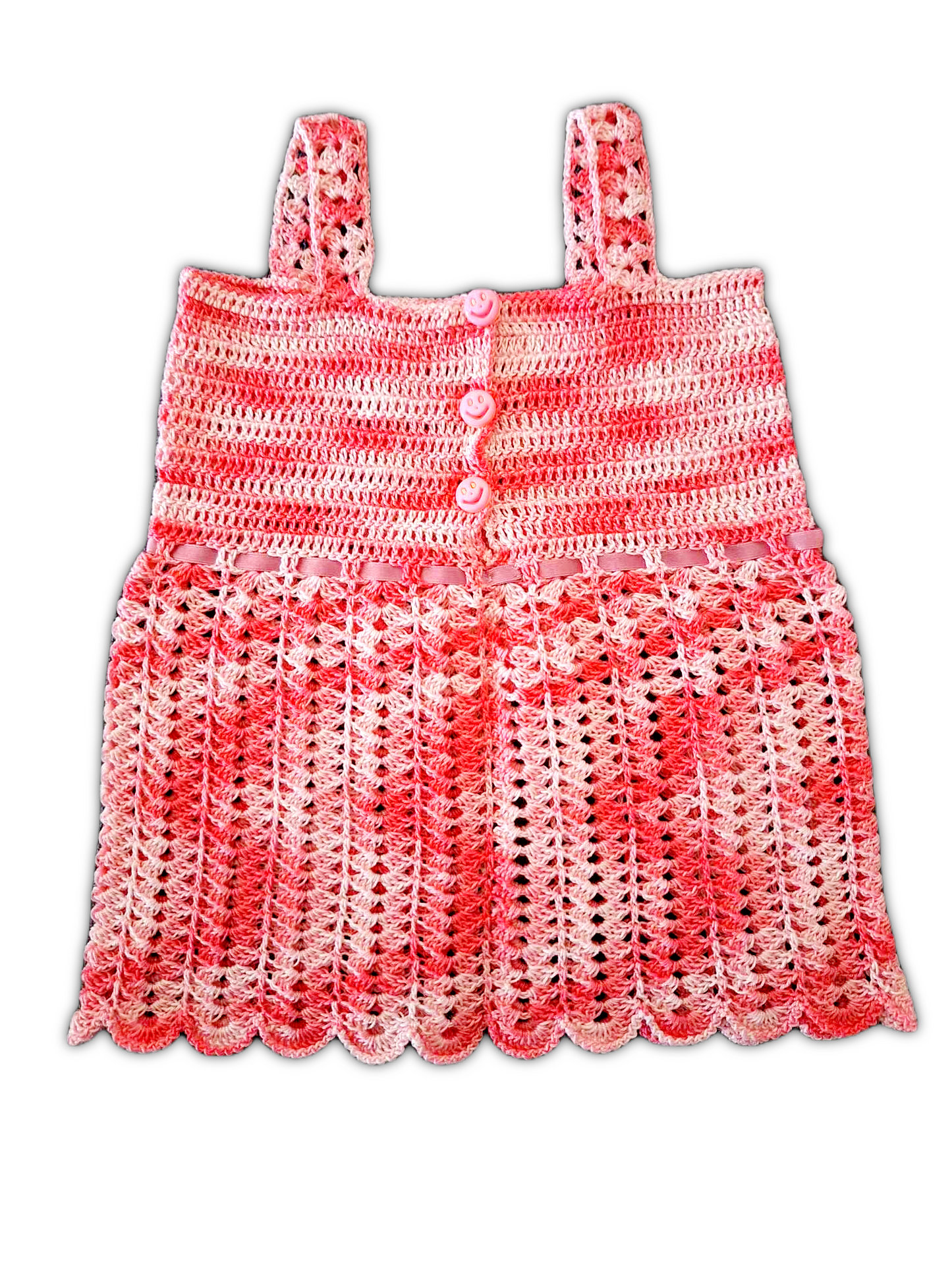 Parte de trás do vestido, o padrão e cor é sempre o mesmo mas tem 3 botões de carrinha sorridente nas costas para a acessibilidade a vestir e despir.