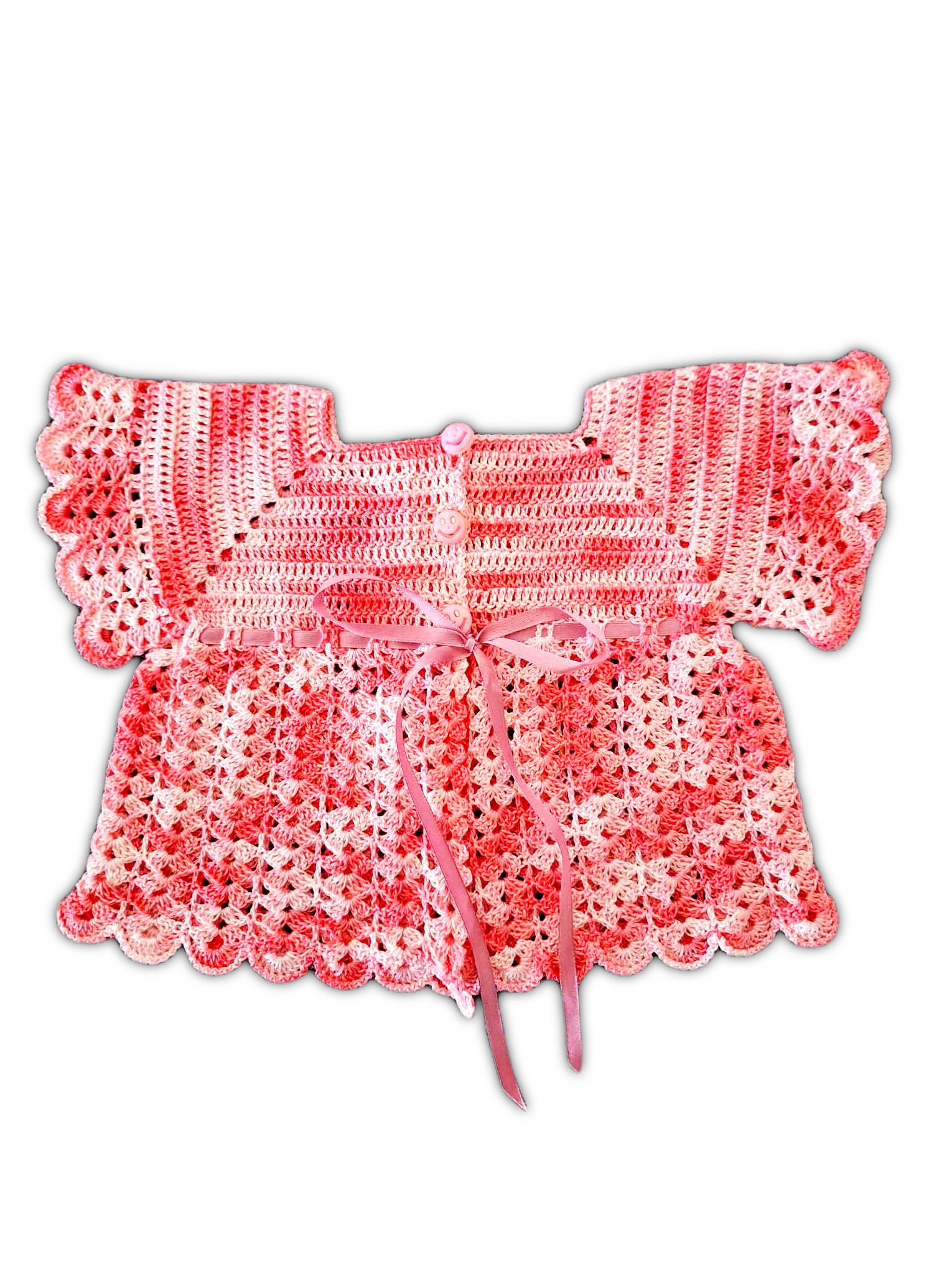 Parte de trás do casaco que tem o mesmo padrão matizado mas aqui há que acrescentar que tem 3 botões para ser mais fácil de o vestir ao seu bebe e também um bonito lacinho cor de rosa na zona do meio para o adornar.