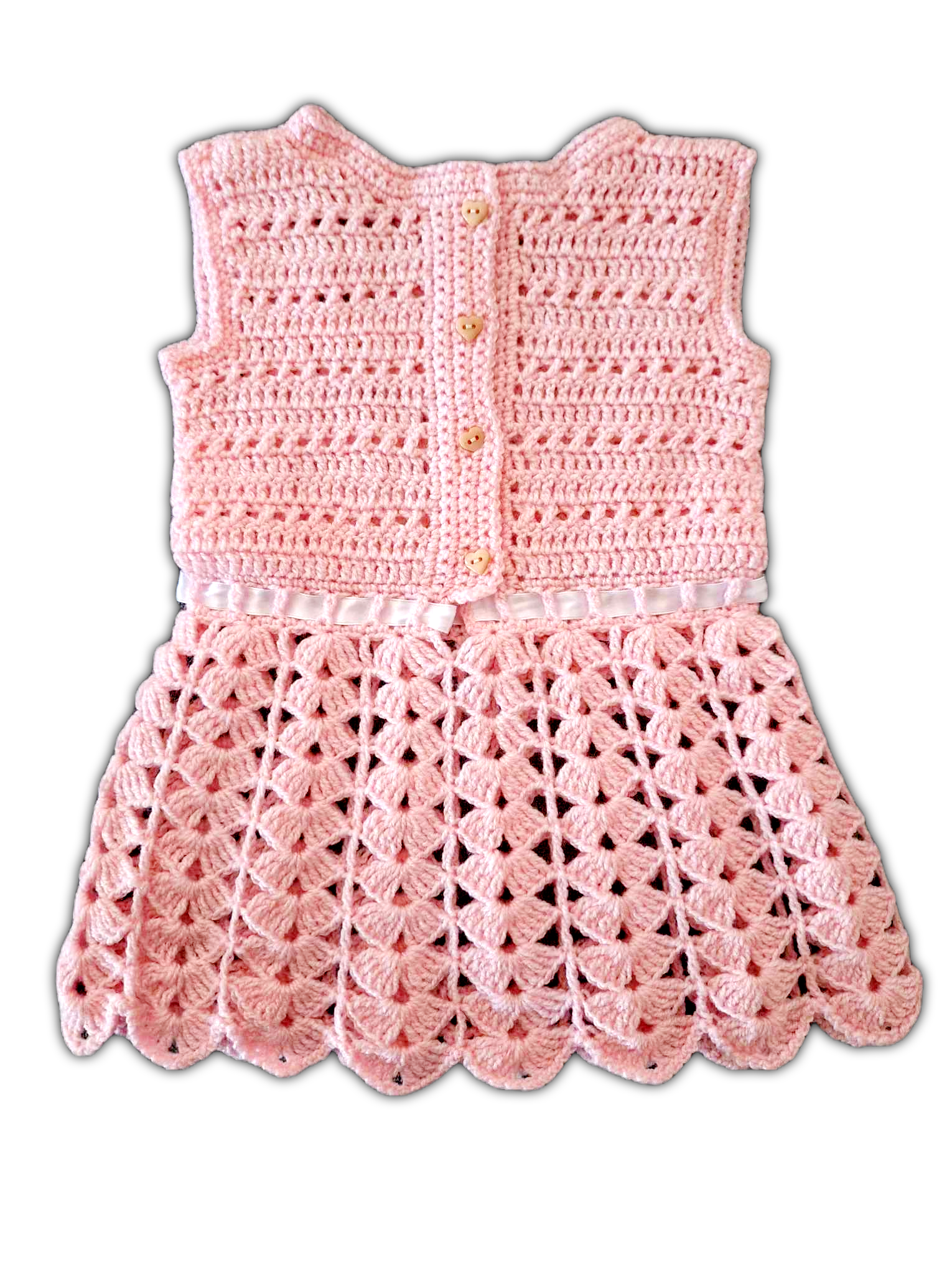 Parte de trás do vestido, é igual á parte da frente com a exceção que em vez de um lacinho branco na zona do peito, tem 4 botõezinhos beges em forma de corações no meio das costas para ser mais fácil vestir e despir o seu bebe.