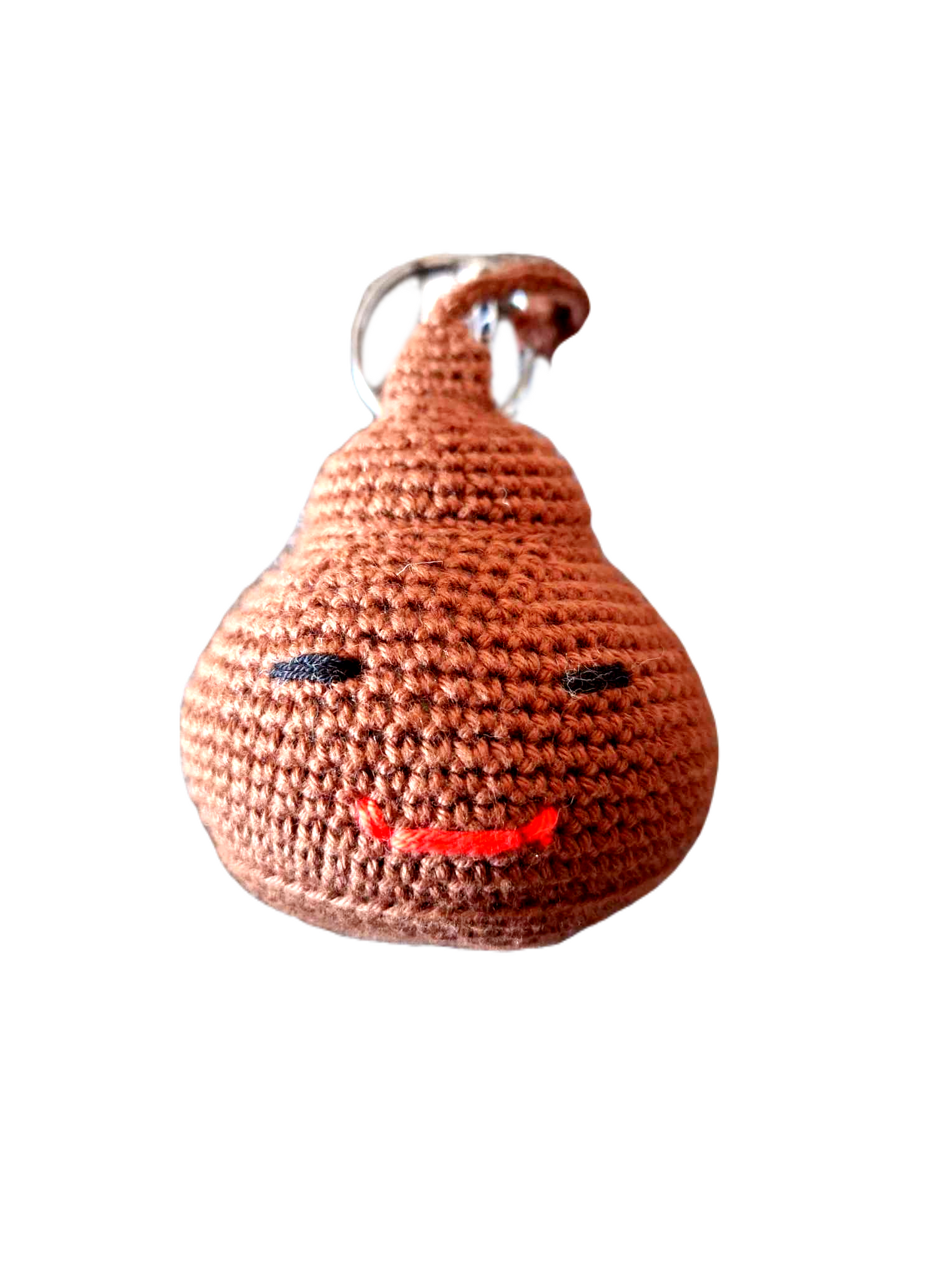 Porta Chaves com o formato do emoji "Poop". Este é completamente castanho tirando os olhos que são pretos e o sorriso vermelho. 