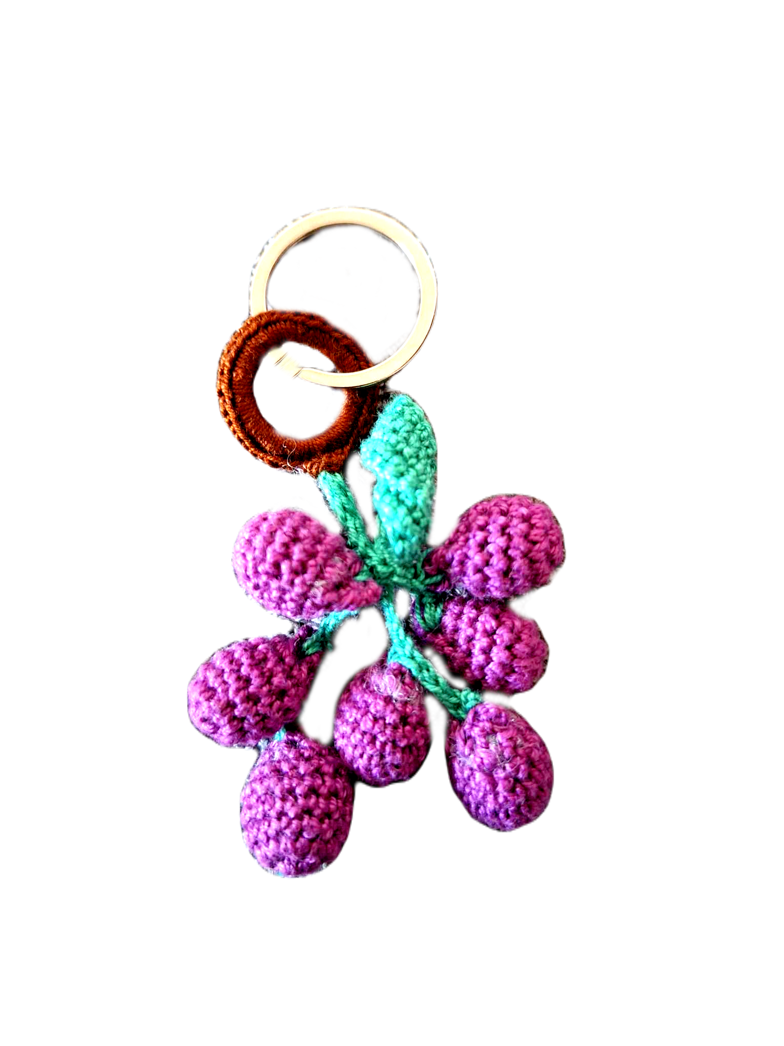 Porta Chaves com o formato de um pequeno cacho de uvas. Os seus bagos são da cor roxa, o caule e folha são verdes e o pé castanho, no formato de uma argola.   