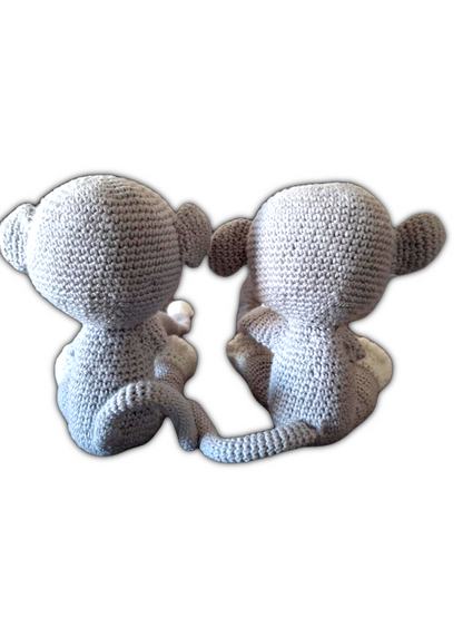 Para de macaquinhos comzentos, sentados de costas para a camara. Estes tem finos mas longas caudas e orelhinhas redondas.